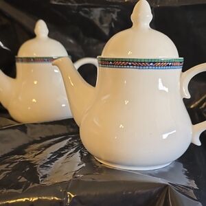 Elegant White Teapot with Colorful Trim, New Porcelain Made In England 6 Inch